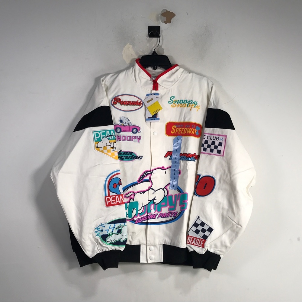 Snoopy Character Patch Moto Jacket, Women's Size L - White/Multicolor